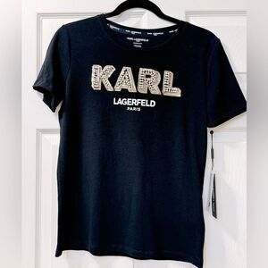 NWT Karl Lagerfeld Paris Black Gold Sequins White Peal Logo Women’s Tshirt Sz XS